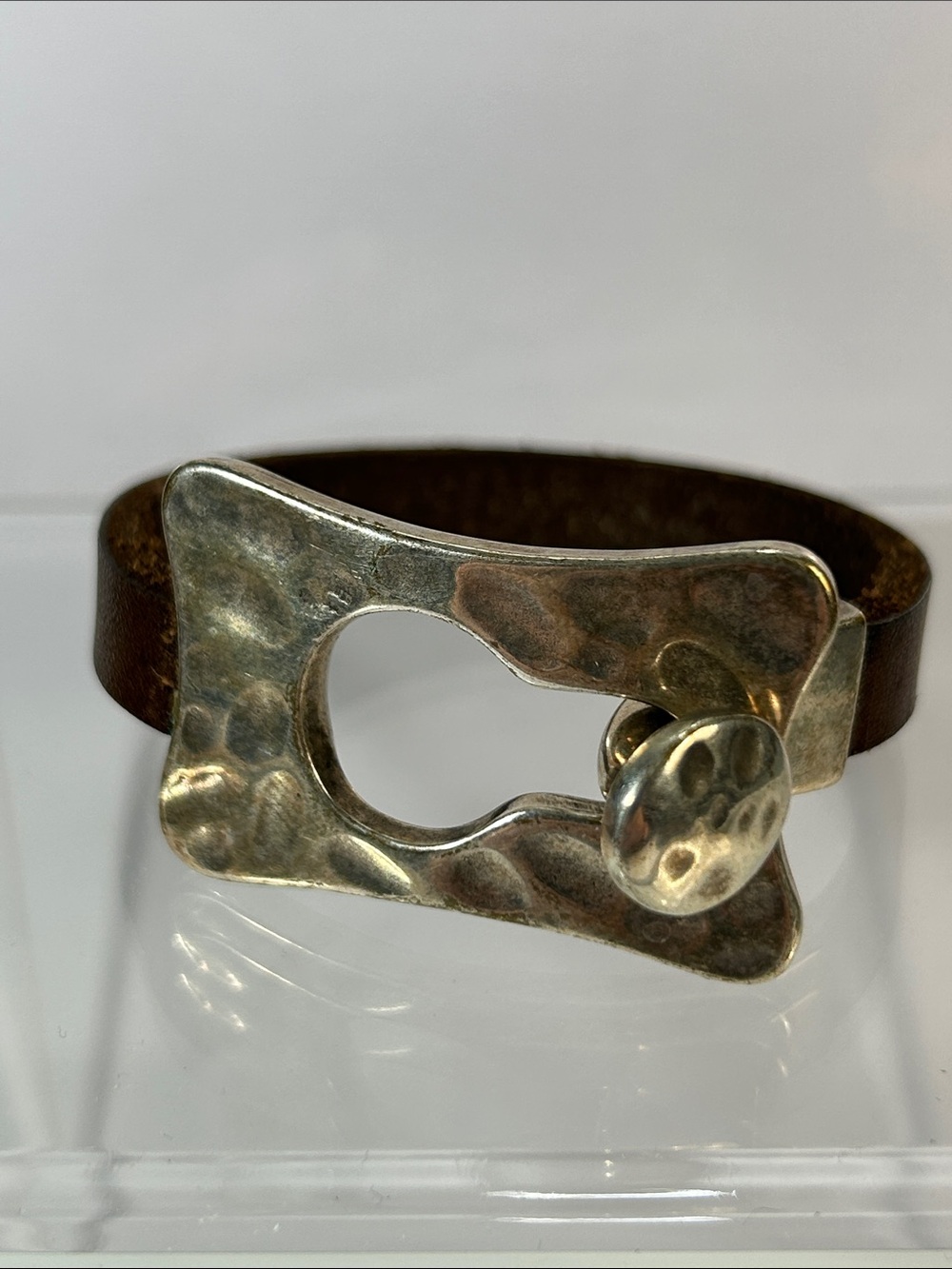 NWOT Artisan Handmade Genuine Leather Hammered Stainless Steel Bracelet